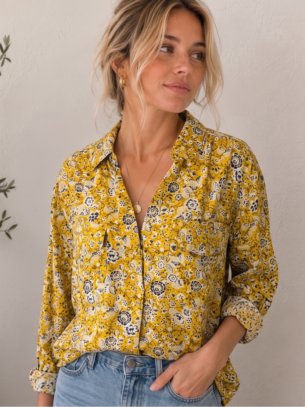 ANN TAYLOR Mustard Floral Shirt